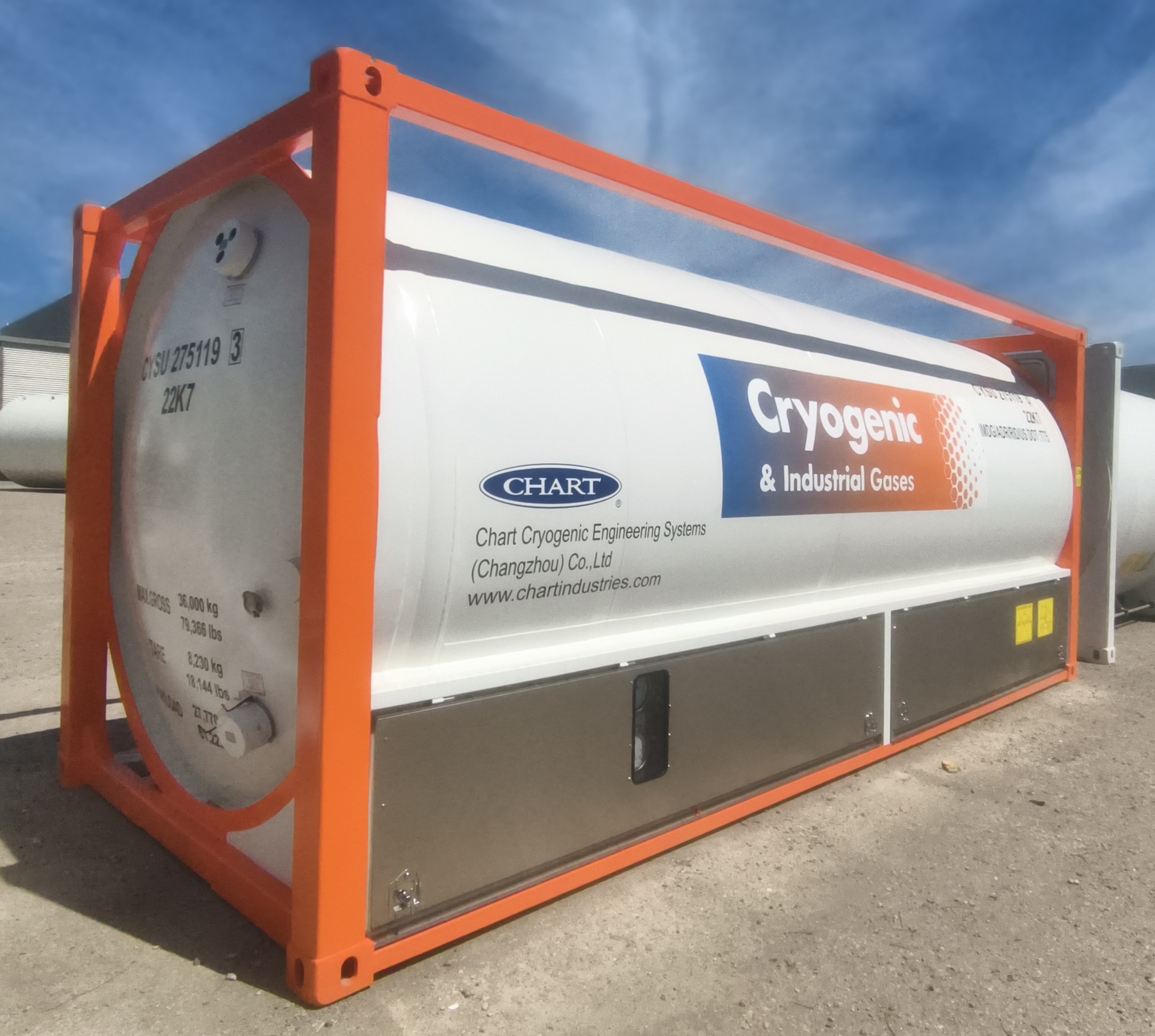 20 ft cryogenic ISO tank container in an orange frame, with a second tank behind it